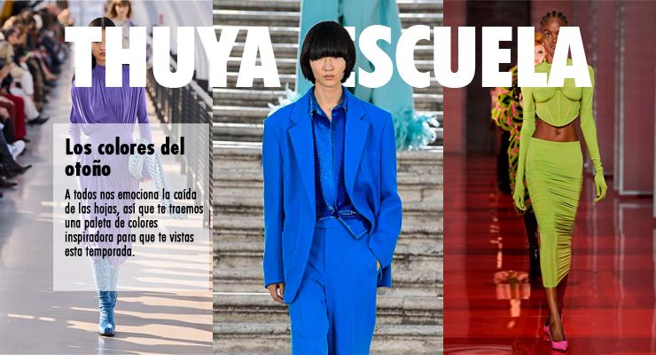Se muestran 3 fotos de modelos en las pasarelas de New York Fashion Week colección otoño 2022, en la parte superior se lee Thuya Escuela